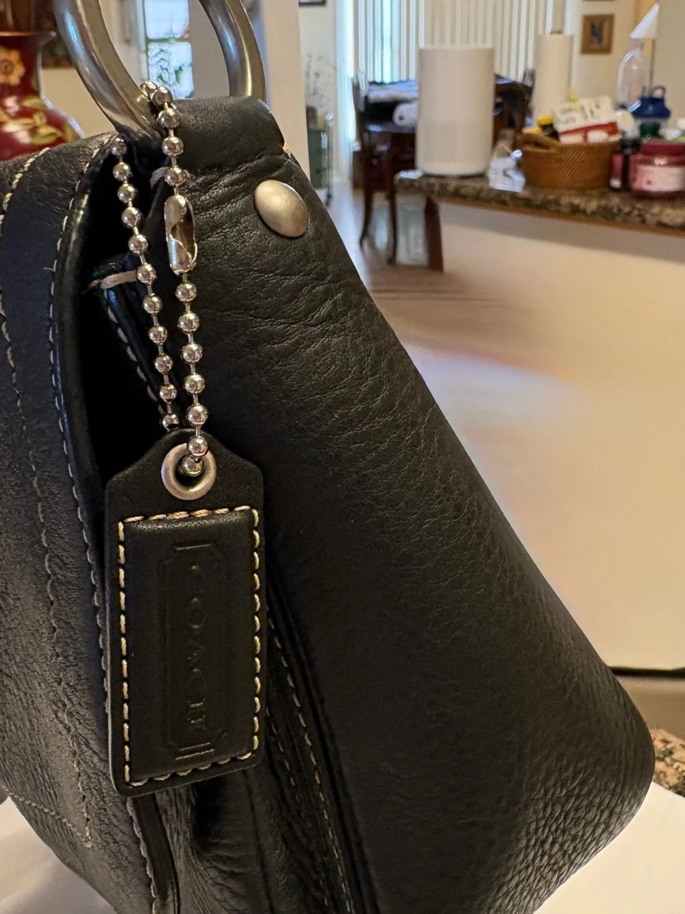 Coach Black Peddled Leather Shoulder Bag Silver White Stitch Detail